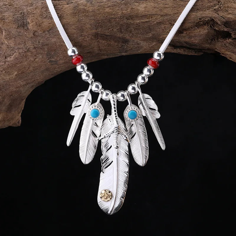 BOCAI New Solid Pure Thai Silver Feather Trend Men's and Women's Necklace
