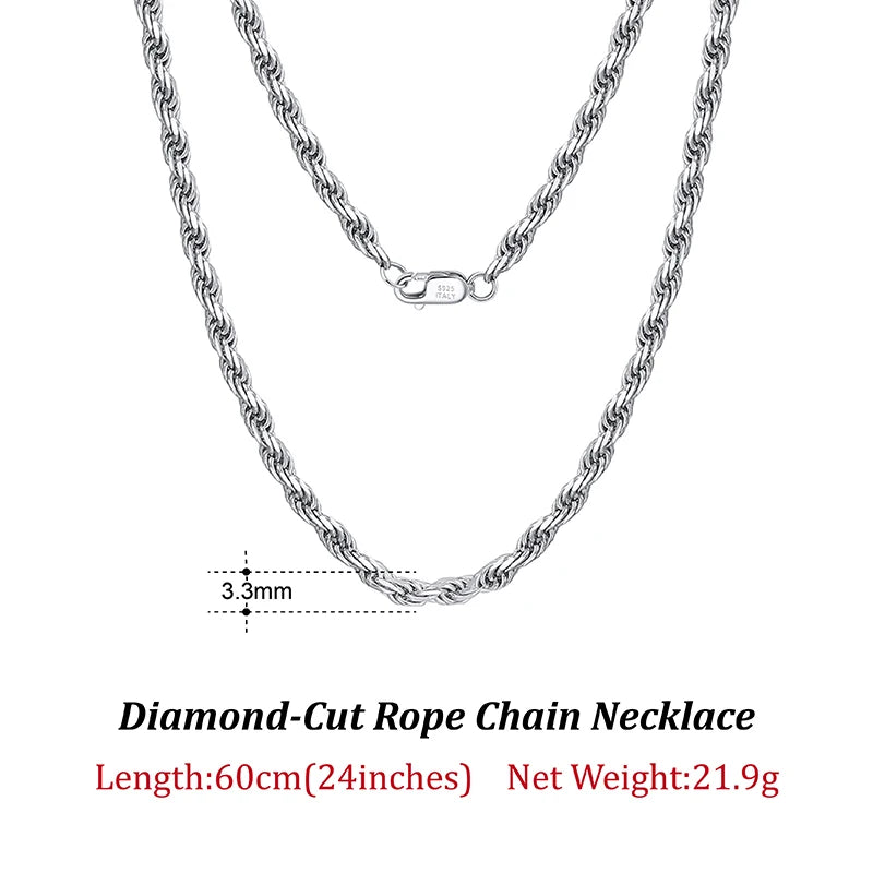 ORSA JEWELS Solid 925 Sterling Silver 2.3/3.3mm Diamond-Cut Rope Chain Necklace for Women Men fashion Neck Chain Jewelry SC29