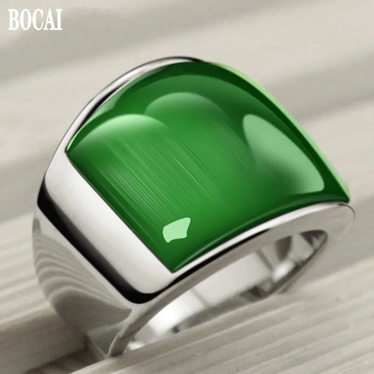 BOCAI 316l Titanium Steel Men's Rings Domineering Fashion Personaltiy Temperament Green Cat's Eye Gemstone Finger Ring