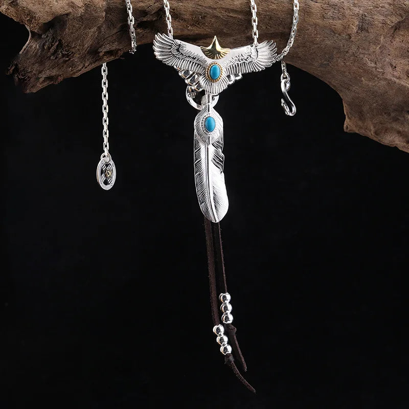 BOCAI New Solid Pure Thai Silver Feather Trend Men's and Women's Necklace
