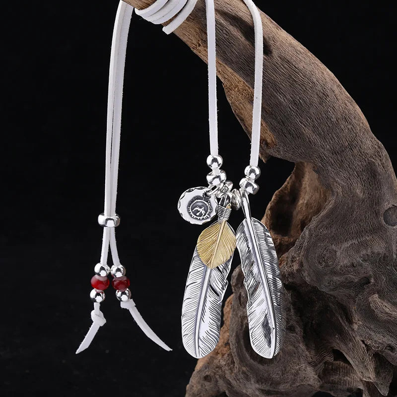 BOCAI New Solid Pure Thai Silver Feather Trend Men's and Women's Necklace