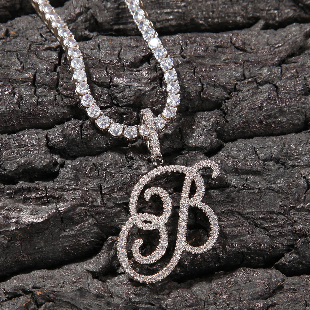 UWIN Cursive Letters Brush With Tennis Chain Cubic Zirconia Intial Name Necklace Jewelry Charm Hip Hop Necklaces Drop Shipping