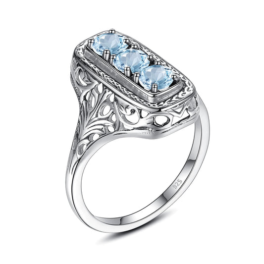 Szjinao Classic 3 Stone Aquamarine Ring For Woman Silver 925 Round Vintage Anniversary Party Gift Quality Fine Jewelry New Style