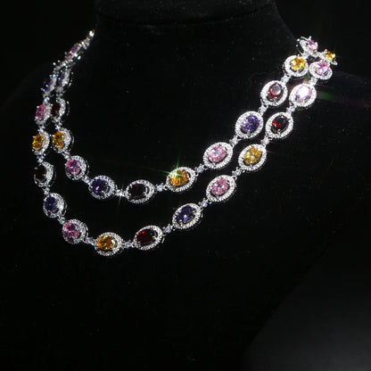 New Iced Out Bling Hip Hop Oval CZ Paved Sparking Colorful Stone Necklace Tennis Rainbow Zircon Choker Women Jewelry
