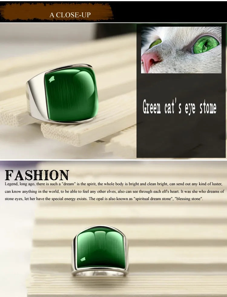 BOCAI 316l Titanium Steel Men's Rings Domineering Fashion Personaltiy Temperament Green Cat's Eye Gemstone Finger Ring