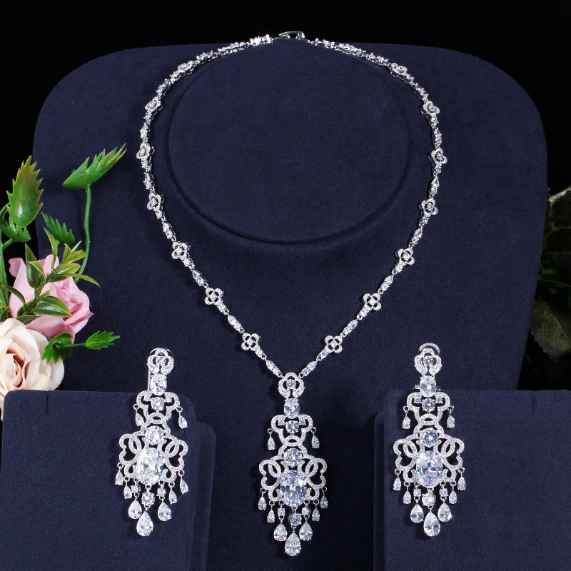 BeaQueen Green Crystal Micro Pave CZ Stone Large Hanging Drop Earrings Necklace Set for Women Wedding Jewelry Gift JS030