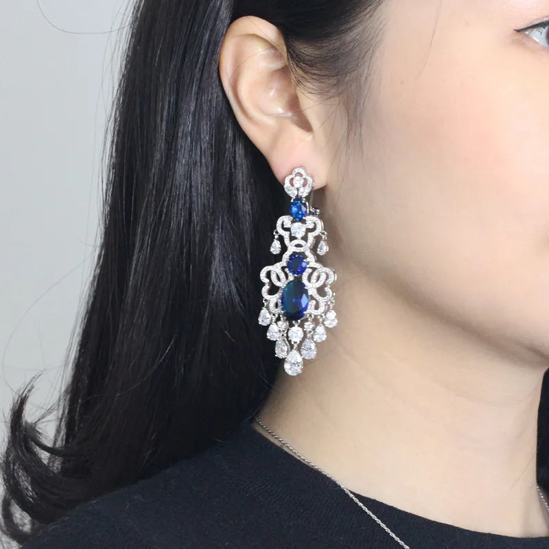 BeaQueen Royal European Design Blue Cubic Zirconia and White Crystal Tassel Drop Super Big Dangling Earrings for Women E039