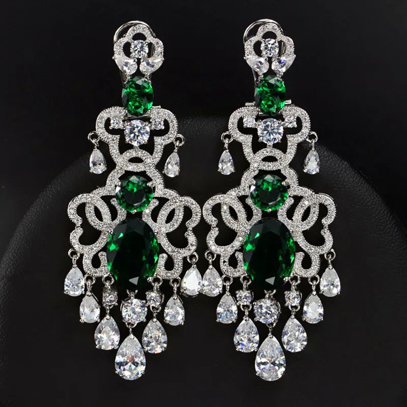 BeaQueen Royal European Design Blue Cubic Zirconia and White Crystal Tassel Drop Super Big Dangling Earrings for Women E039