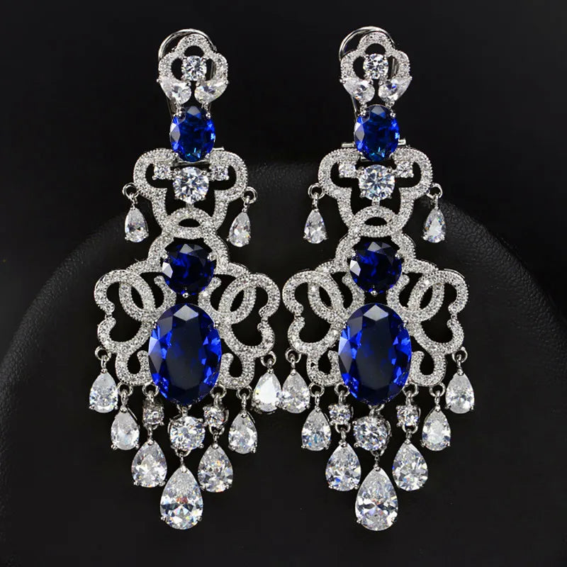 BeaQueen Royal European Design Blue Cubic Zirconia and White Crystal Tassel Drop Super Big Dangling Earrings for Women E039