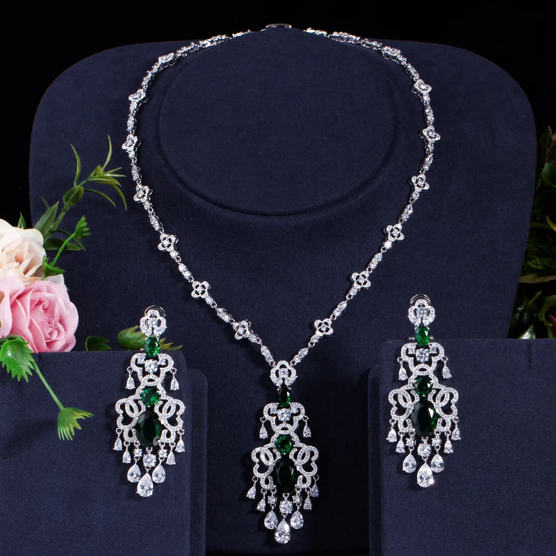 BeaQueen Green Crystal Micro Pave CZ Stone Large Hanging Drop Earrings Necklace Set for Women Wedding Jewelry Gift JS030