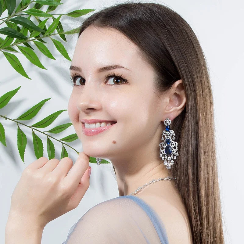 BeaQueen Green Crystal Micro Pave CZ Stone Large Hanging Drop Earrings Necklace Set for Women Wedding Jewelry Gift JS030