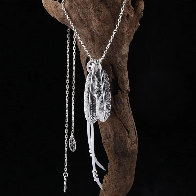 BOCAI New Solid Pure Thai Silver Feather Trend Men's and Women's Necklace