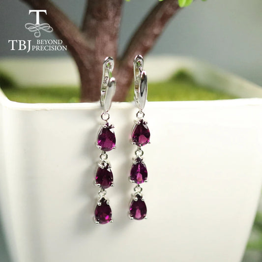 TBJ,Long earring with brazil rhodolite garet pear 5*8mm 6 pieces 5ct natural gemstone fine jewelry 925 sterling silver for women