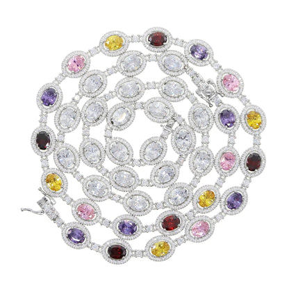 New Iced Out Bling Hip Hop Oval CZ Paved Sparking Colorful Stone Necklace Tennis Rainbow Zircon Choker Women Jewelry