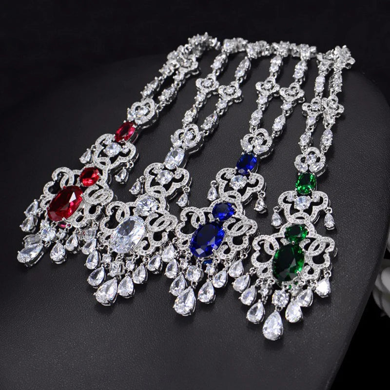 BeaQueen Green Crystal Micro Pave CZ Stone Large Hanging Drop Earrings Necklace Set for Women Wedding Jewelry Gift JS030