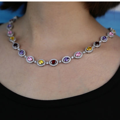 New Iced Out Bling Hip Hop Oval CZ Paved Sparking Colorful Stone Necklace Tennis Rainbow Zircon Choker Women Jewelry
