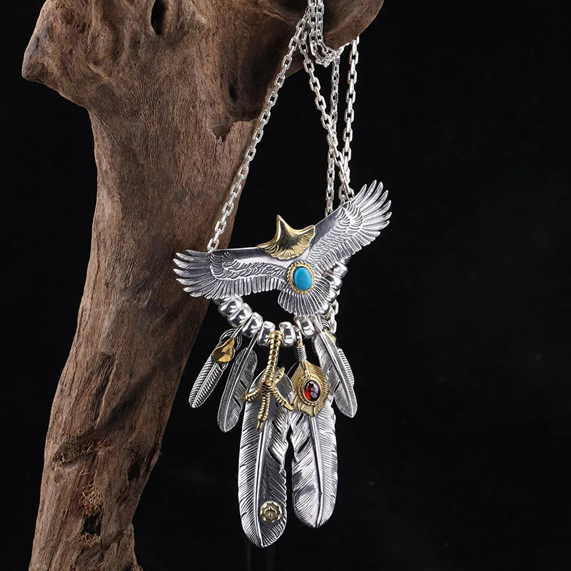 BOCAI New Solid Pure Thai Silver Feather Trend Men's and Women's Necklace