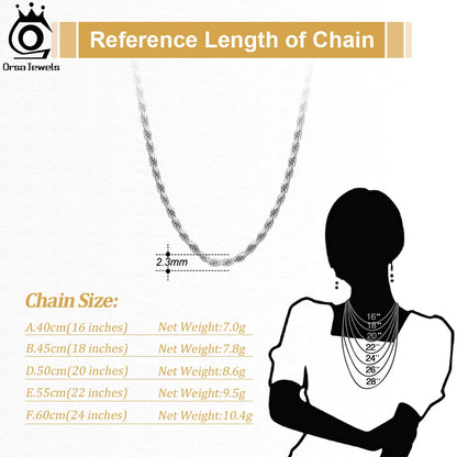 ORSA JEWELS Solid 925 Sterling Silver 2.3/3.3mm Diamond-Cut Rope Chain Necklace for Women Men fashion Neck Chain Jewelry SC29