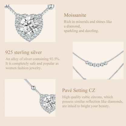Bamoer 925 Sterling Silver Halo Heart Moissanite Pendant Necklace Double-layer Necklace for Women Valentine's Day Gift