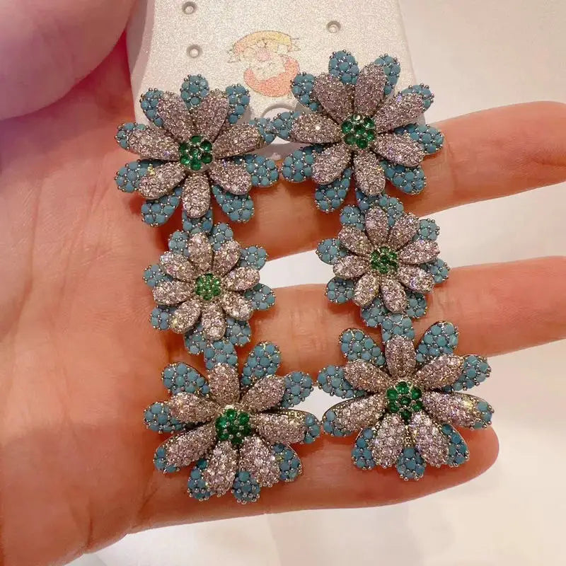 Bilincolor Luxury Blue Flower Earring for Women Wedding Jewelry Gift