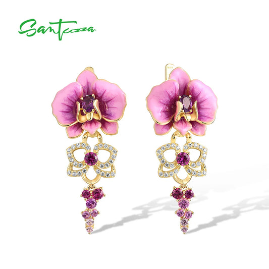 SANTUZZA Real 925 Sterling Silver Earrings For Women Sparkling Created Pink Sapphire Enamel Orchid Flower Delicate Fine Jewelry