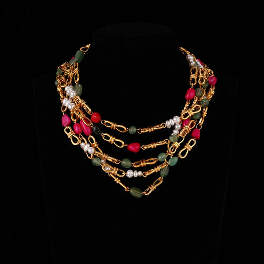 Retro Palace Style  Multi-layer Natural Stone Necklace Female Light Luxury High Sense of  Elegant Medieval Clavicle Chain