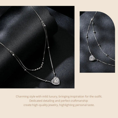 Bamoer 925 Sterling Silver Halo Heart Moissanite Pendant Necklace Double-layer Necklace for Women Valentine's Day Gift