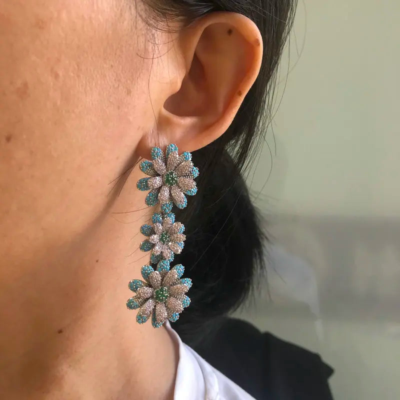 Bilincolor Luxury Blue Flower Earring for Women Wedding Jewelry Gift