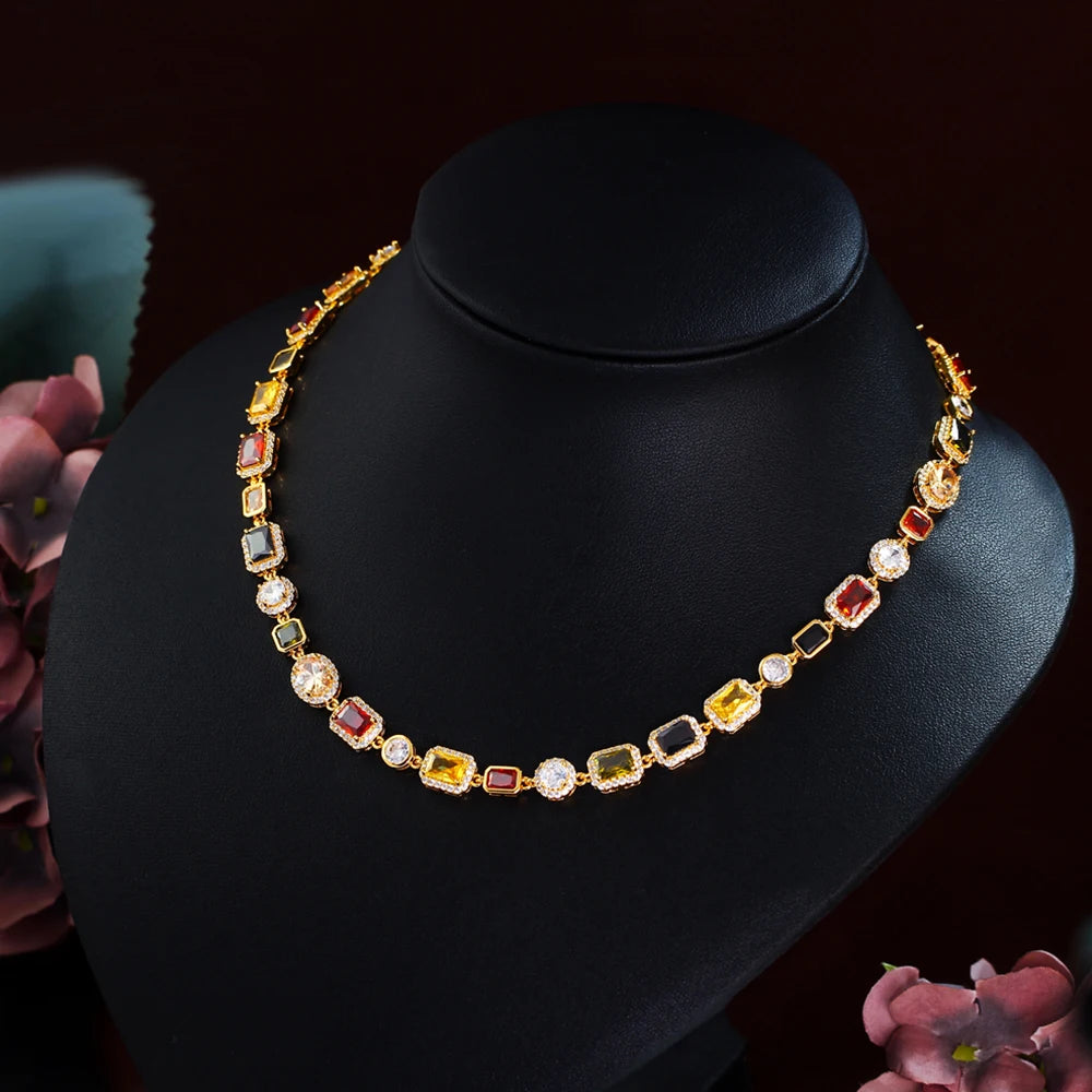 BeaQueen Lovely Geometric Colorful Cubic Zirconia Yellow Gold Plated Necklaces Chain for Women Festive Party Jewelry Gifts N026