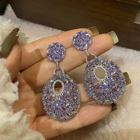 2023 Retro Round Set Purple Diamond Fashion Women's Exaggerated Silver Needle Earrings
