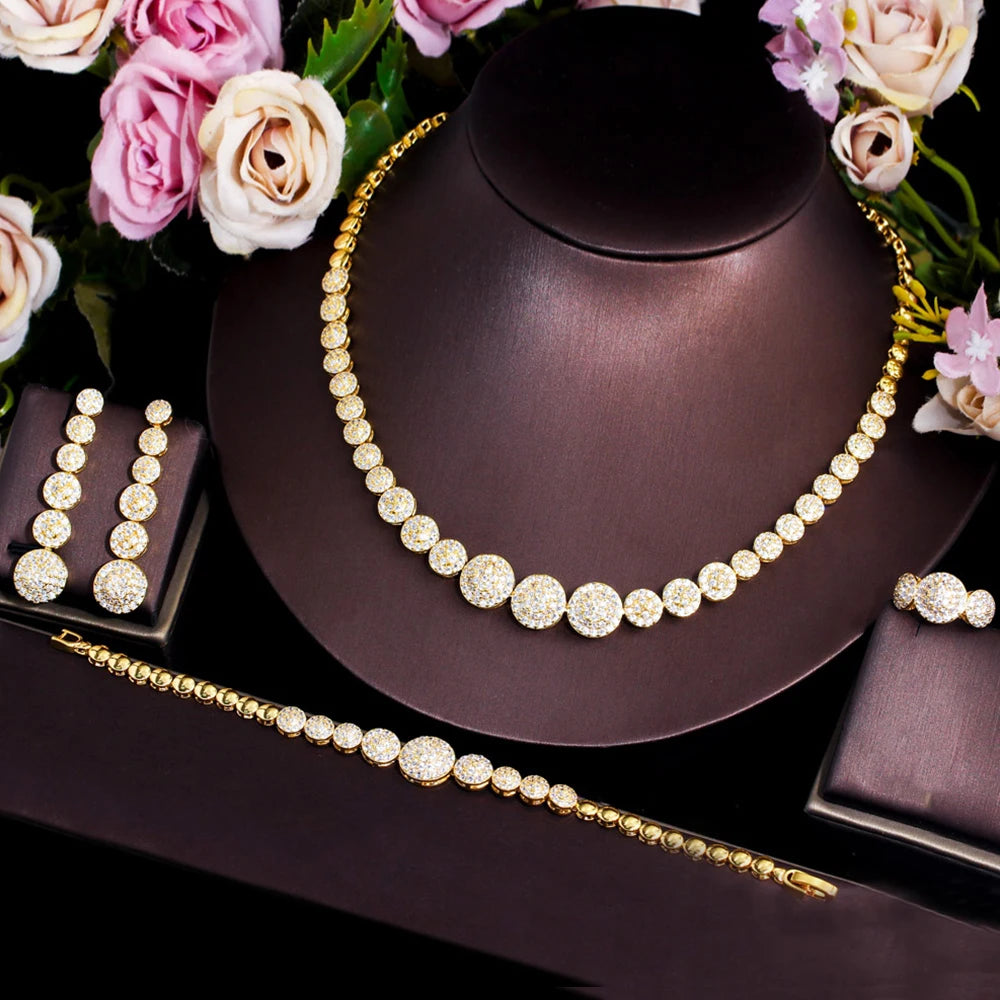 BeaQueen Dubai Gold Color Jewellery Sets for Women Round Drop Long Earrings and Tennis Necklace 4pcs Brides Dress Jewelry S329