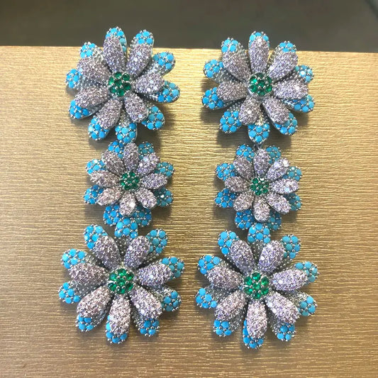 Bilincolor Luxury Blue Flower Earring for Women Wedding Jewelry Gift