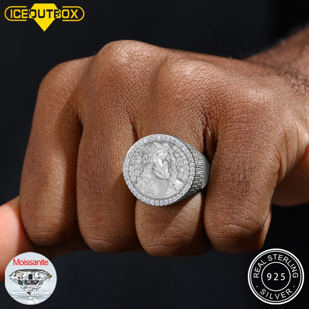 New S925 Moissanite Jesus Head Ring Men Women Fashion Religious Amulet Accessories Hip Hop Punk Iced Out Sterling Silver Jewelry