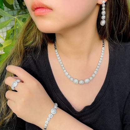 BeaQueen Dubai Gold Color Jewellery Sets for Women Round Drop Long Earrings and Tennis Necklace 4pcs Brides Dress Jewelry S329