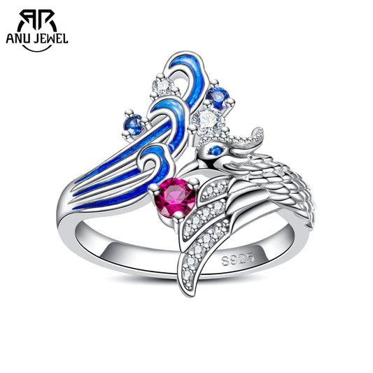 AnuJewel Moissanites Phoenix Wedding Bands Ring Classic of Mountains and Seas 925 Sterling Silver Wings Bridal Ring For Girls