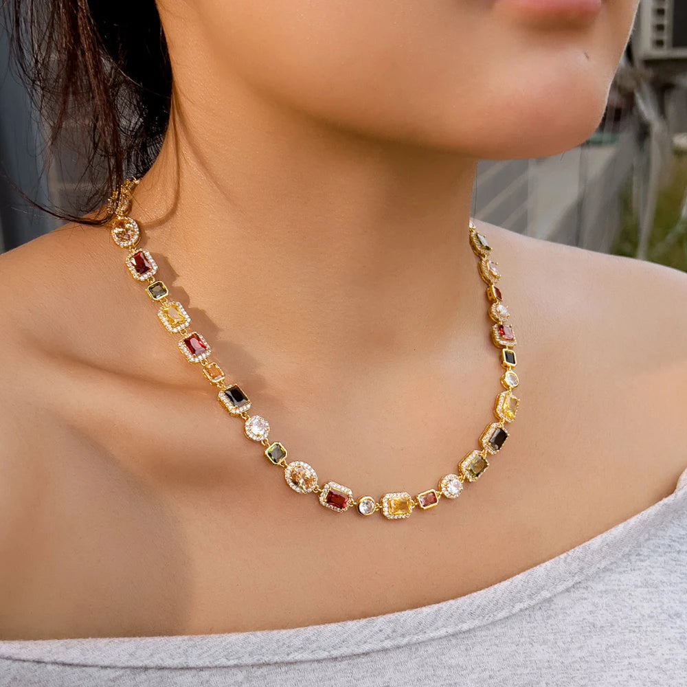 BeaQueen Lovely Geometric Colorful Cubic Zirconia Yellow Gold Plated Necklaces Chain for Women Festive Party Jewelry Gifts N026