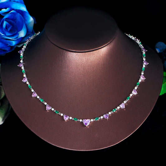 ThreeGraces Exquisite Purple Cubic Zirconia Beautiful Heart CZ Link Chain Necklace for Women Summer Daily Dress Jewelry PN148