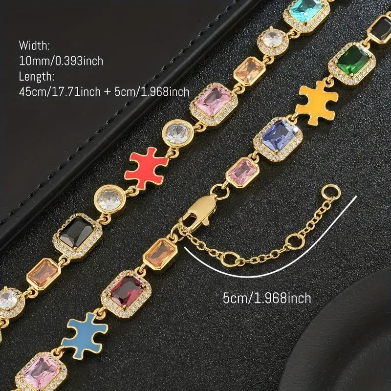 10MM Glamorous Colourful Zirconia Adjustable Puzzle Piece Necklace Iced Out Gemstone Chain For Men And Women Hip Hop Jewelry
