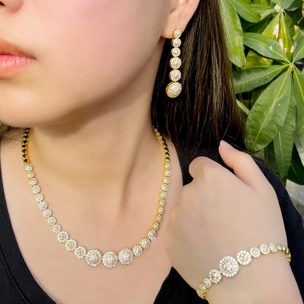 BeaQueen Dubai Gold Color Jewellery Sets for Women Round Drop Long Earrings and Tennis Necklace 4pcs Brides Dress Jewelry S329