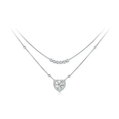 Bamoer 925 Sterling Silver Halo Heart Moissanite Pendant Necklace Double-layer Necklace for Women Valentine's Day Gift