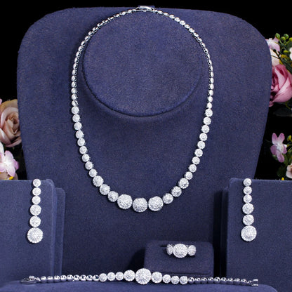 BeaQueen Dubai Gold Color Jewellery Sets for Women Round Drop Long Earrings and Tennis Necklace 4pcs Brides Dress Jewelry S329