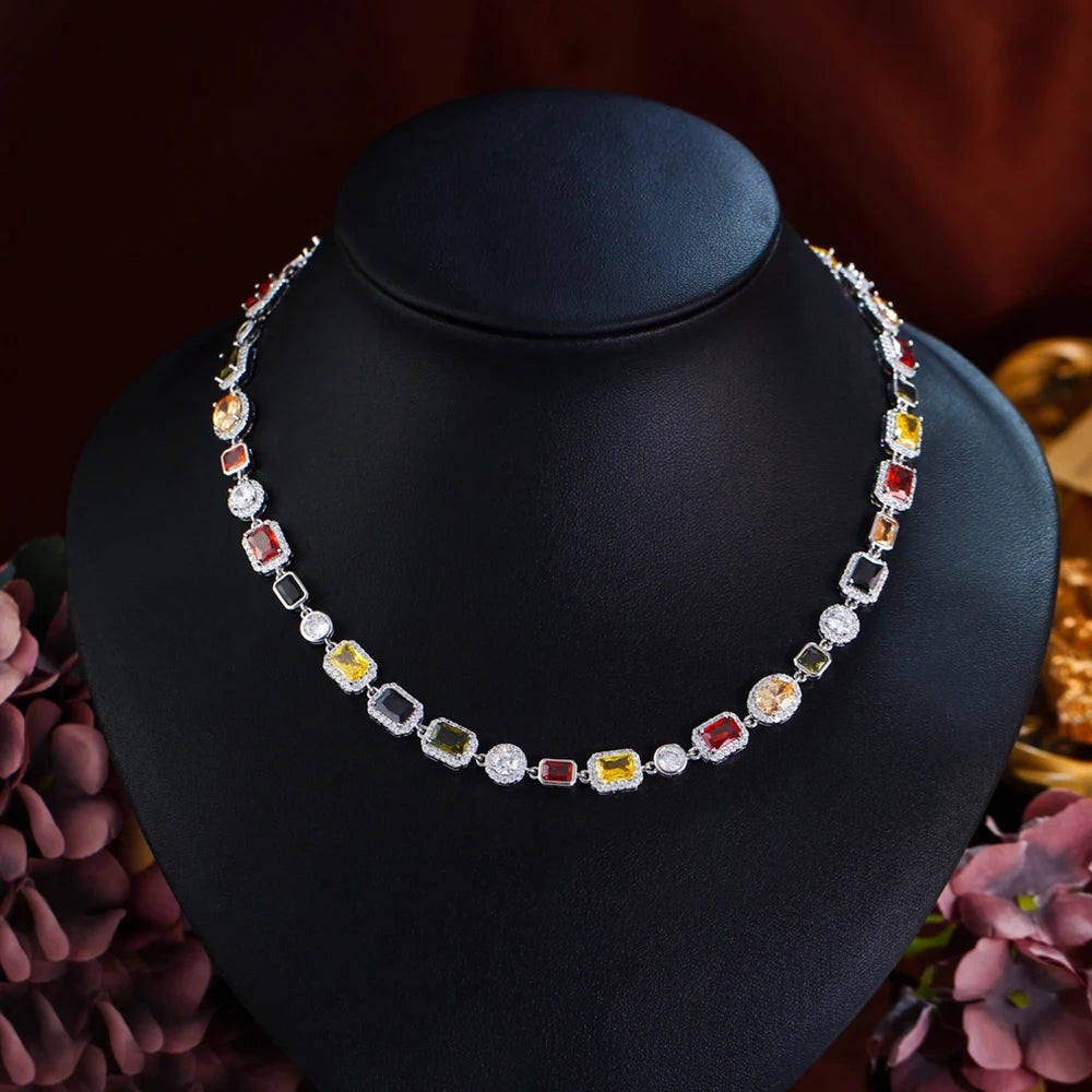 BeaQueen Lovely Geometric Colorful Cubic Zirconia Yellow Gold Plated Necklaces Chain for Women Festive Party Jewelry Gifts N026