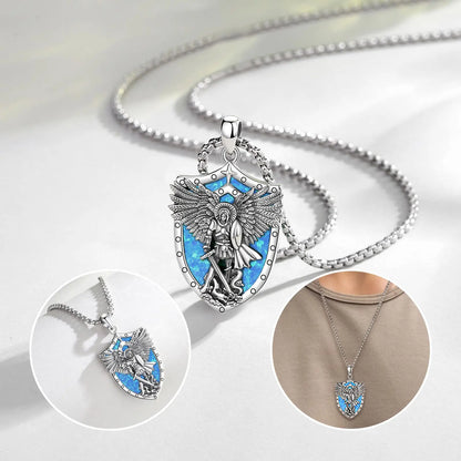 St Michael Pendant Eudora 925 Sterling Silver Archangel opal Amulet Necklace Religious Jewelry Gift for Men Women