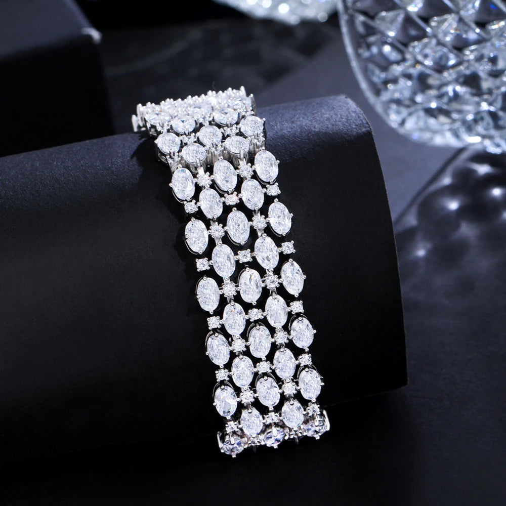 BeaQueen Shiny Full Oval Round Cubic Zirconia Big Engagement Bracelets Fashion Jewelry for Women Wedding Party Accessories B262