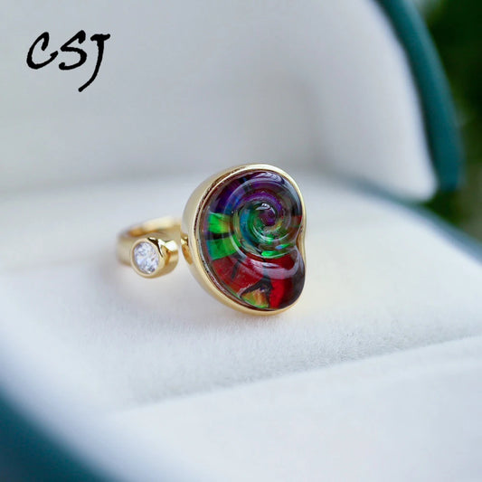 Trendy Ammolite Ring 925 Silver 18k Gold Plated from Canadian Adjustable Jewelry Opalite Stackable for Women Party Gift