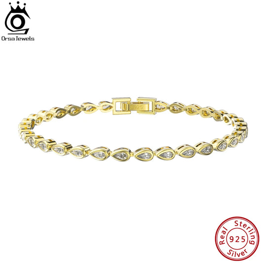 ORSA JEWELS 925 Sterling Silver Handmade 2*4mm Pear Cut CZ Bazel Setting Tennis Bracelet for Women Luxury Bracelet Jewelry SB154