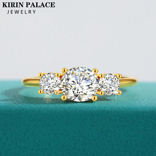 Real 14K 18K Gold Hollow VVS1 Round 1.6ctw Moissanite 3-Stone Ring AU750 Jewelry Certified for Women Wedding Engagement Gift