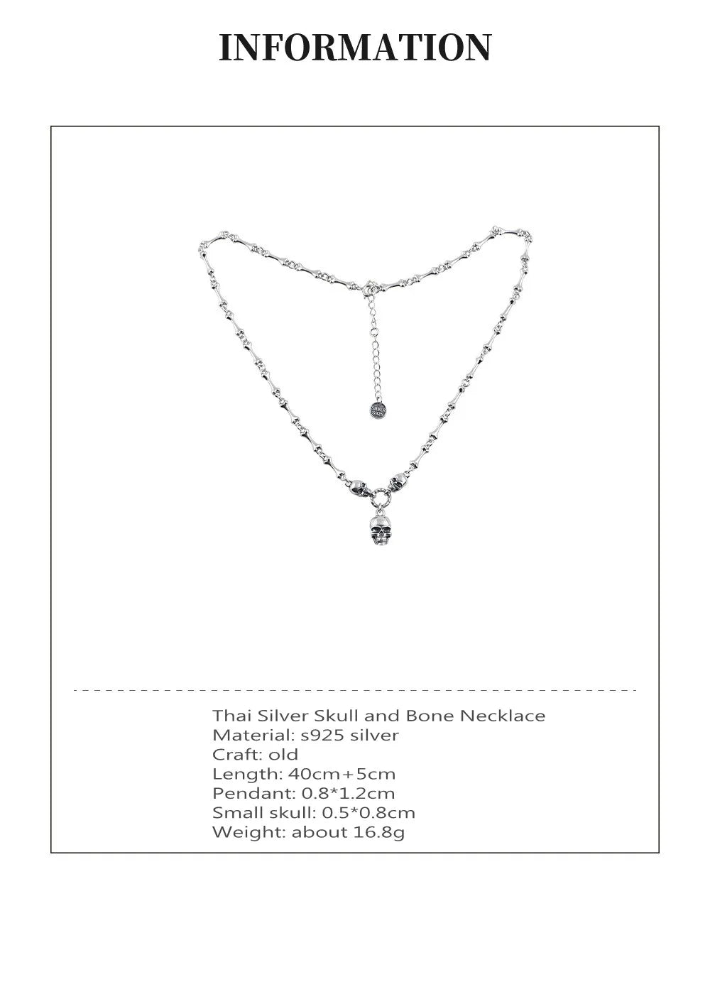 BOCAI 100% Real S925 Silver Jewelry Retro Creative Design Trendy Punk Skull Stick Bone Necklace for Woman