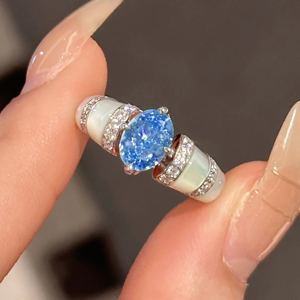 1CT Oval Moissanite Ring with Certificate Sparkling Pink Blue Diamond S925 Silver Wedding Band Engagement Fine Jewelry For Women