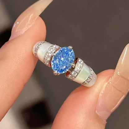 1CT Oval Moissanite Ring with Certificate Sparkling Pink Blue Diamond S925 Silver Wedding Band Engagement Fine Jewelry For Women